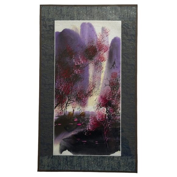 VTG Asian Watercolor Scroll‎ Paintings 4 Season Cherry Blossom Mountain 16" x 9" - Picture 5 of 11